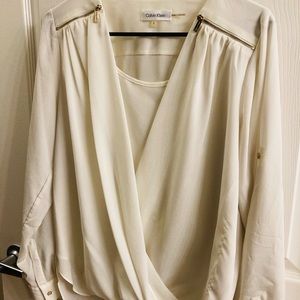 Calvin Klein V-Neck Gold Zipper Drape Roll Sleeve Blouse - Birch